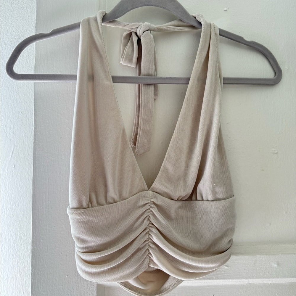 Cream Halter Top with Ruched Front